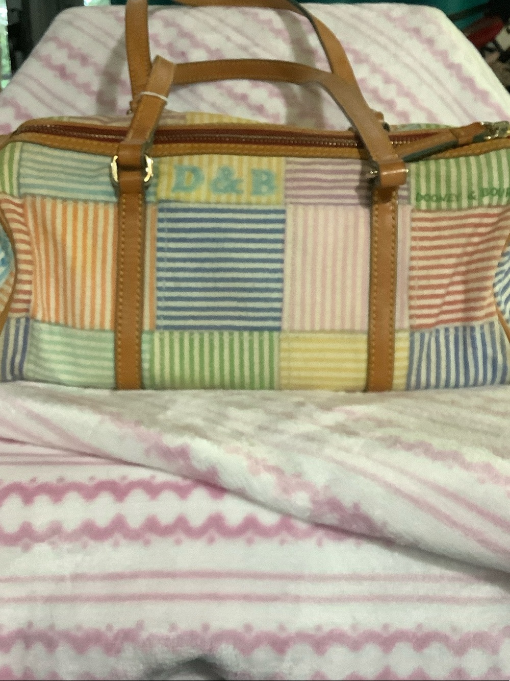 Dooney & Bourke Multicolor Striped Patchwork Canvas Travel Duffel with Tan Trim